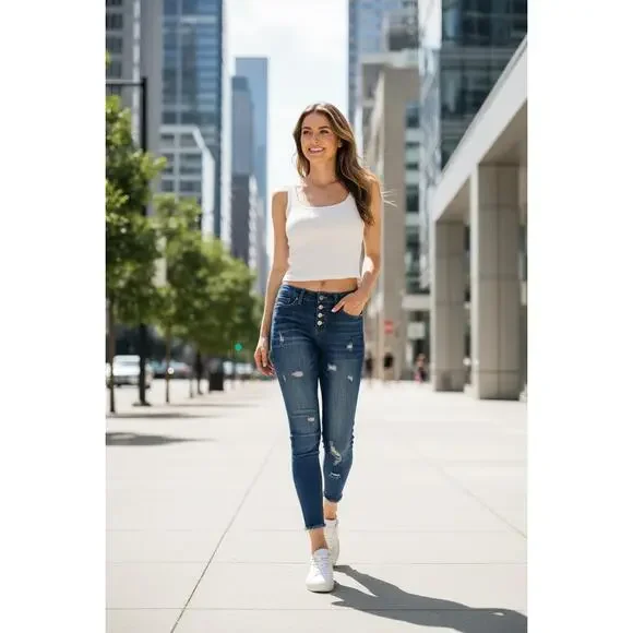 Distressed MidRise Button Fly Ankle Skny Jeans - Picture 6 of 8